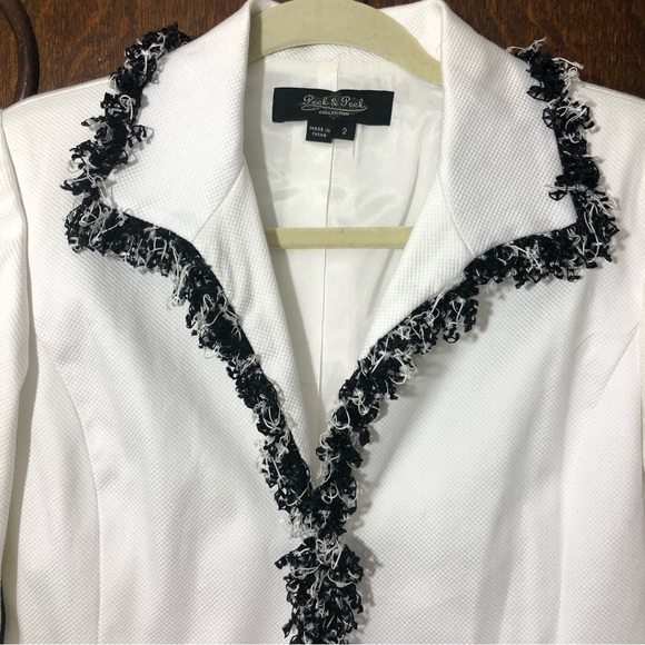 PECK & PECK White Twill Jacket Blazer Black White Fringe Sz 2 - Picture 3 of 12
